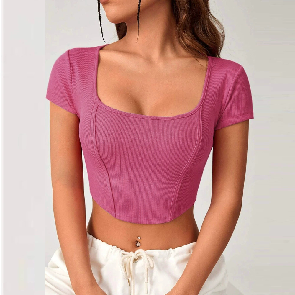 ZARA Irregular Square Neck Knit Short Sleeve Cropped Fitted Top